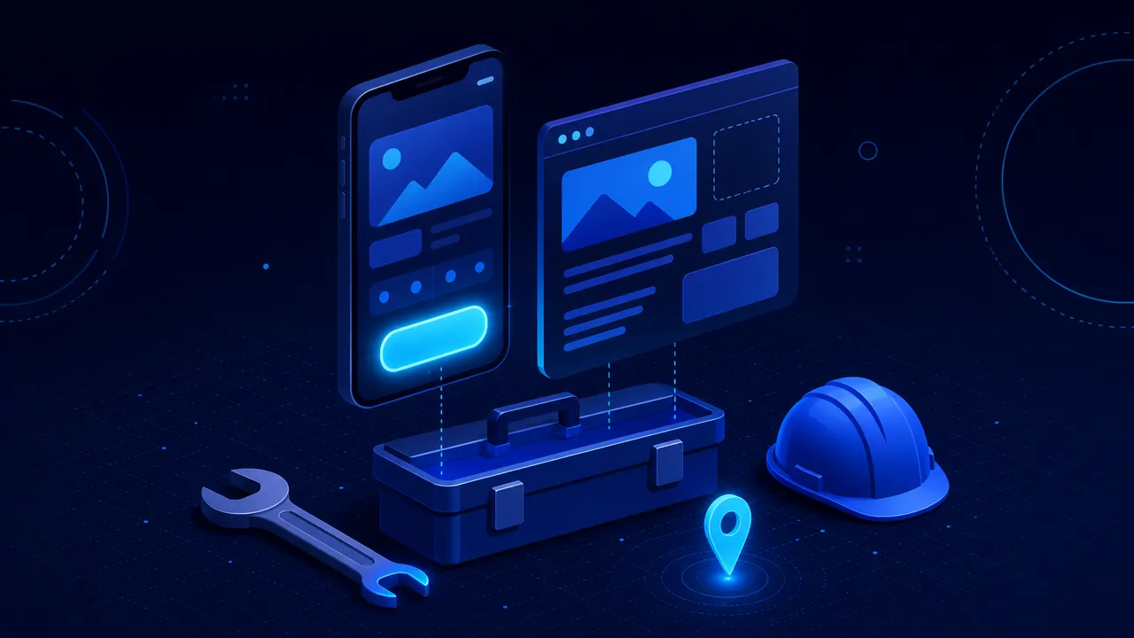 Illustration: Smartphone und Website-Ansicht über einem Werkzeugkasten mit Schraubenschlüssel, Schutzhelm und Standort-Markierung